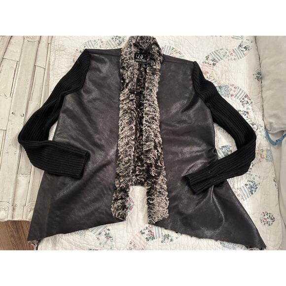 DOLCE CABO FAUX FUR LINED ASYMMETRIC MIXED MEDIA CARDIGAN SWEATER JACKET M - Picture 6 of 9